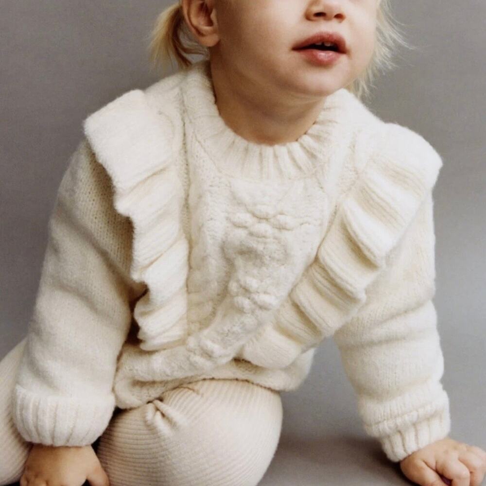 Zara Baby Girls Cream Cable Knit Ruffle Sweater Size 18-24M